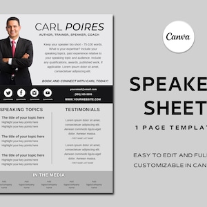 Black & Gray Speaker One Sheet Canva Template | Speaker Sheet | Professional Speaker Bio Template | Seminar Flyer | Event Promo