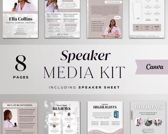 May include: A speaker media kit with 8 pages, including a speaker sheet, signature keynotes, past client reviews, career highlights, and booking information. The kit is designed in a light brown and white color scheme with a modern and professional aesthetic.