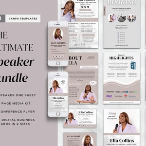 Modèles Canva Ultimate Speaker Bundle | Conférencier One Sheet | Dépliant de conférence d'affaires | Kit média pour conférencier | Carte de visite virtuelle unique