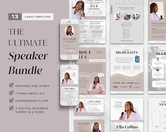 May include: A set of 13 Canva templates for speakers, including a one-sheet, a 7-page media kit, a conference flyer, and two digital business cards in two sizes. The templates feature a neutral color palette with a modern design.