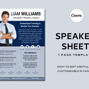 Dark Blue Speaker One Sheet Canva Template | Speaker Sheet | Professional Speaker Media Kit | Event Promo Flyer