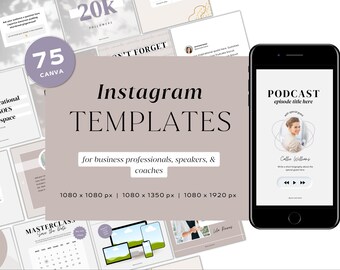 Puede incluir: Una colección de 75 plantillas de Instagram para profesionales, ponentes y entrenadores. Las plantillas están diseñadas con un estilo minimalista, con un fondo marrón claro y texto negro. El texto incluye "Plantillas de Instagram", "para profesionales, ponentes y entrenadores", y "1080 x 1080 px | 1080 x 1350 px | 1080 x 1920 px".