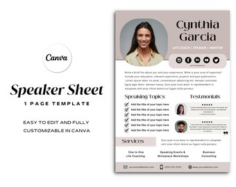 May include: A speaker sheet template with a photo of Cynthia Garcia, a life coach, speaker, and mentor. The template includes sections for speaking topics, testimonials, services, and contact information. The template is customizable in Canva.