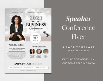 May include: A business conference flyer template with a professional design. The flyer features a photo of a woman, the text "2023 Annual Business Conference", and speaker details. The flyer is easy to edit and fully customizable in Canva.