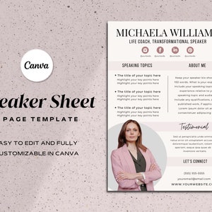 Pink Speaker One Sheet Template | OneSheet Canva | Professional Speaker Sheet | Seminar Flyer