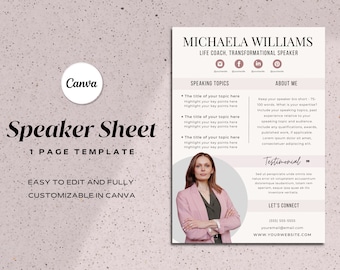 Plantilla de una hoja de orador rosa / OneSheet Canva / Hoja de orador profesional / Folleto de seminario