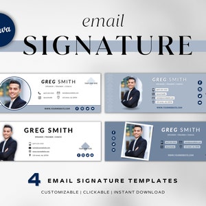 May include: Four customizable email signature templates with a blue and gray color scheme. Each template features a headshot of a person, contact information, and social media icons. The text "GREG SMITH" and "SPEAKER | TRAINER | COACH" are included in each template.