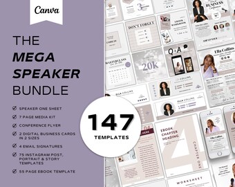 May include: A pink and white graphic design template bundle for speakers and presenters. The bundle includes 147 templates for social media, email signatures, conference flyers, speaker one sheets, and ebooks. The text "The Mega Speaker Bundle" is featured in a large, bold font.