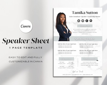 May include: A speaker sheet template with a white marble background. The template features a headshot of a woman, a section for "About Me", "Speaking Topics", "Client List", and "Testimonial". The text "Get in Touch" is at the bottom of the page with contact information.