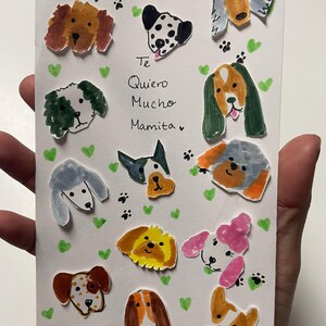 Adorable tarjeta con forma de perro o animal dibujada a mano. Mensaje personalizable. Hecha a mano con amor.