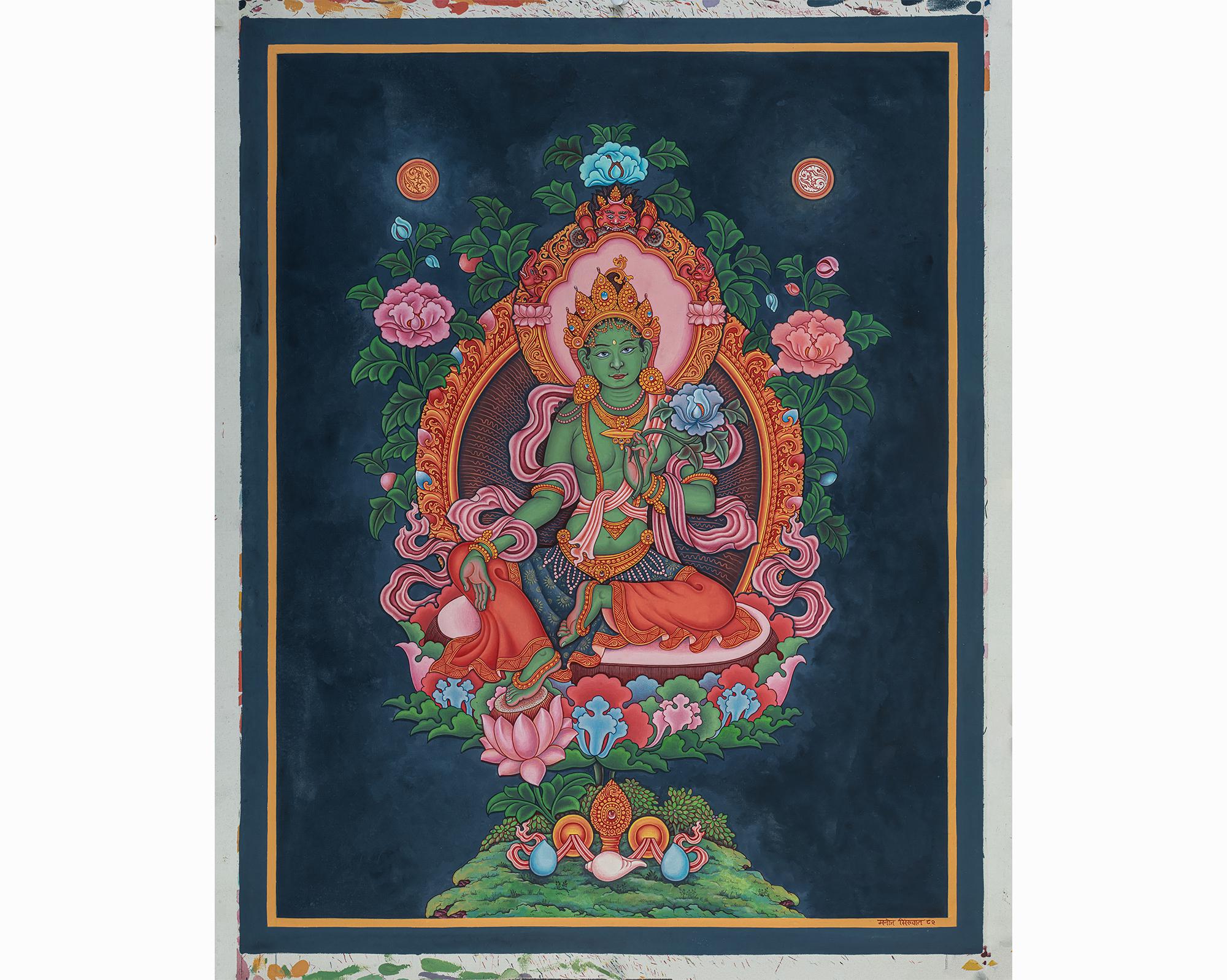 Green Tara Thanka Painting: Newari-Style Himalayan Art on Cotton Canvas