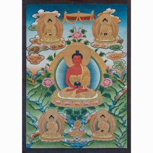 Five Dhyani Buddhas Thangka Painting: Traditional Tibetan Art