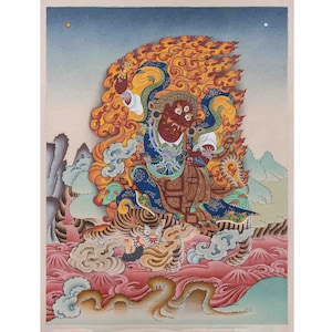 May include: A colorful painting depicting a deity with multiple eyes and a fierce expression, riding a tiger through flames and clouds. The deity is adorned with intricate jewelry and a crown, and the tiger is depicted with sharp teeth and claws.