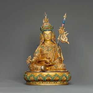 Handcrafted Guru Rinpoche Statue: 24K Gold Gilded Himalayan Art
