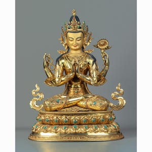 24K Gold Gilded Exquisite Chenrezig Statue I Bodhisattva of Compassion I Religious Decor
