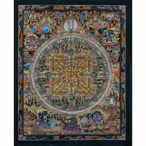 May include: A colourful mandala tapestry with intricate details and gold accents. The mandala is surrounded by a border of smaller images and symbols.