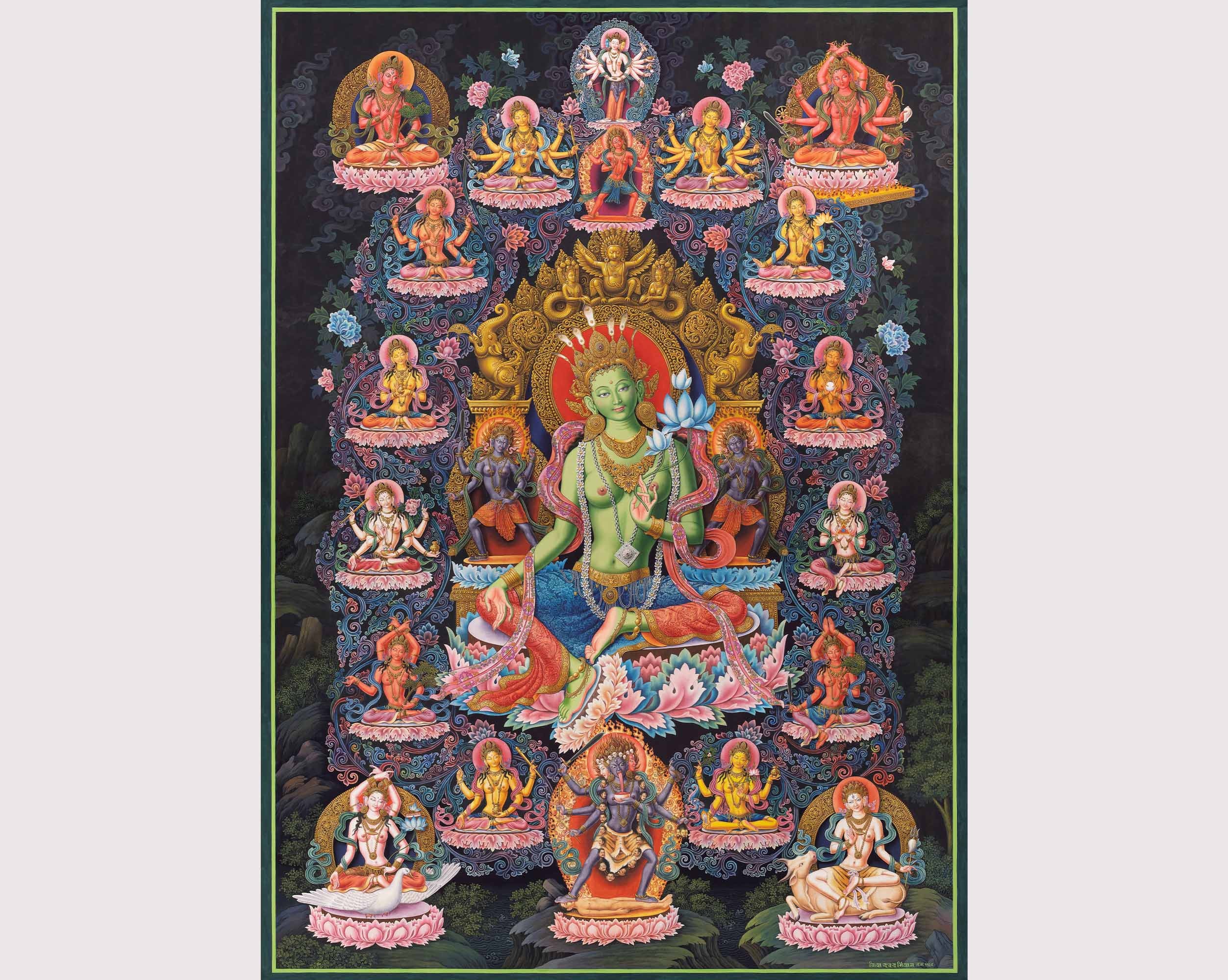21 Taras in der traditionellen nepalesischen Kunst I Handbemaltes Thangka I Newari Thangka Malerei I Hochwertiger Giclée Druck auf Leinwand