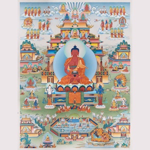 Amitabha Pureland, Sukhavati Realm of Amitabha Buddha in Traditional Thangka, Wall Art, Printed in High Quality Giclée Canvas, Thanka Nepal