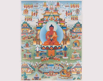 Amitabha Pureland, Sukhavati Realm of Amitabha Buddha in Traditional Thangka, Wall Art, Printed in High Quality Giclée Canvas, Thanka Nepal