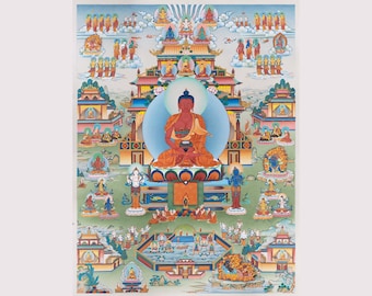 Amitabha Pureland, Sukhavati Realm of Amitabha Buddha in Traditional Thangka, Wall Art, Printed in High Quality Giclée Canvas, Thanka Nepal