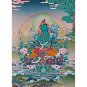 Green Tara Thanka Painting: Buddhist Giclée Canvas Art Print