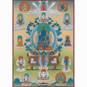 May include: A colourful mandala-style painting depicting a blue deity surrounded by other figures. The central figure is seated on a lotus throne with a halo and is surrounded by a circle of white light. The painting is done in a traditional Tibetan style with intricate details and vibrant colours.
