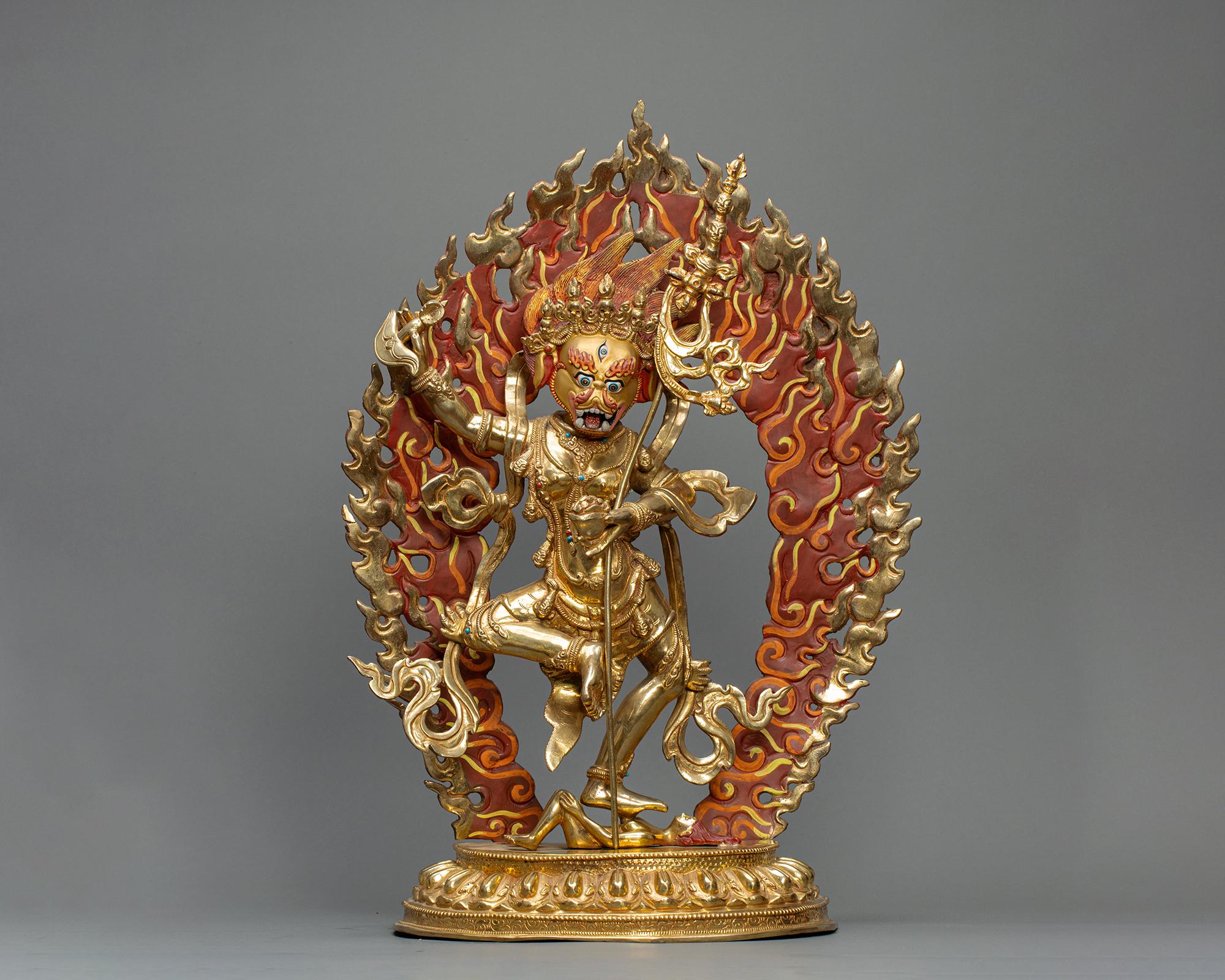 手作りの24Kゴールド製シムハムカ像：獅子面ダキニ、チベット仏教の
