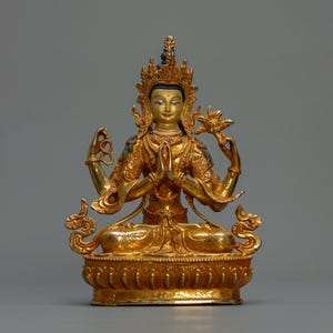 Handcrafted 24K Gold Gilded Chenrezig Statue: Tibetan Buddhist Art