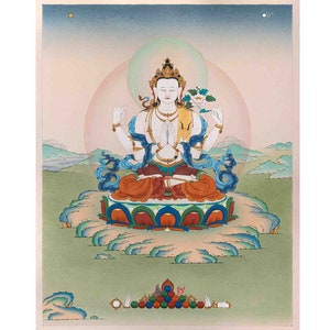 Handgemalter traditioneller Chenrezig Thangka, Avalokiteshvara, hochwertiger Giclée-Leinwanddruck