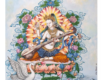 Saraswati in Traditional Newari Painting Thanka I Refined Artistry