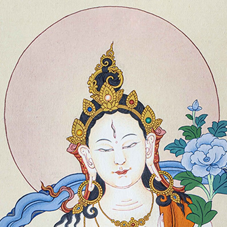Traditional White Tara in Tibetan Thangka painting I Mother of Long Life I Refined Art I Pure Gold I Mother Tara I Thangka Nepal image 5