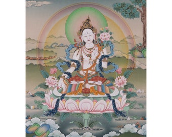 Die weiße Tara Thangka in der tibetisch-buddhistischen Kunst l Giclée Hochwertiger Kunstdruck auf Leinwand
