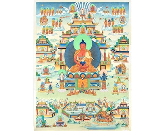 Amitabha Pureland Thangka: Impresión de lienzo Giclée, Reino Sukhavati