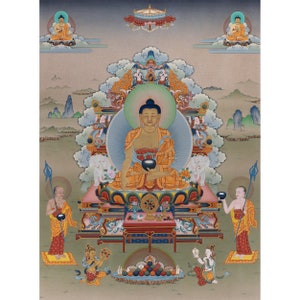 May include: A traditional Tibetan Buddhist thangka painting depicting the Buddha Shakyamuni seated on a lotus throne with a halo and surrounded by various deities and symbols. The painting is done in vibrant colors on a gold background.