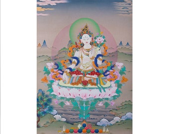 White Tara in Tibetan Buddhist Tanka Painting l  High Quality Giclée canvas print