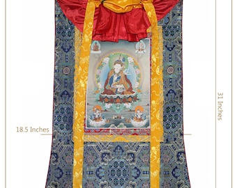 Guru Rinpoche with Amitabha Buddha, White Tara, Mandarva & Yeshe Tsogya Thanka l Giclée High Quality Canvas Print with Silk Brocade