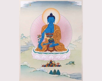 Medicine Buddha, Healing Buddha in Traditional Thangka Painting l High Quality Giclée canvas print l Thangka Nepal