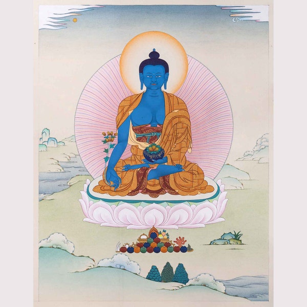 Medicine Buddha, Healing Buddha in Traditional Thangka Painting l High Quality Giclée canvas print l Thangka Nepal