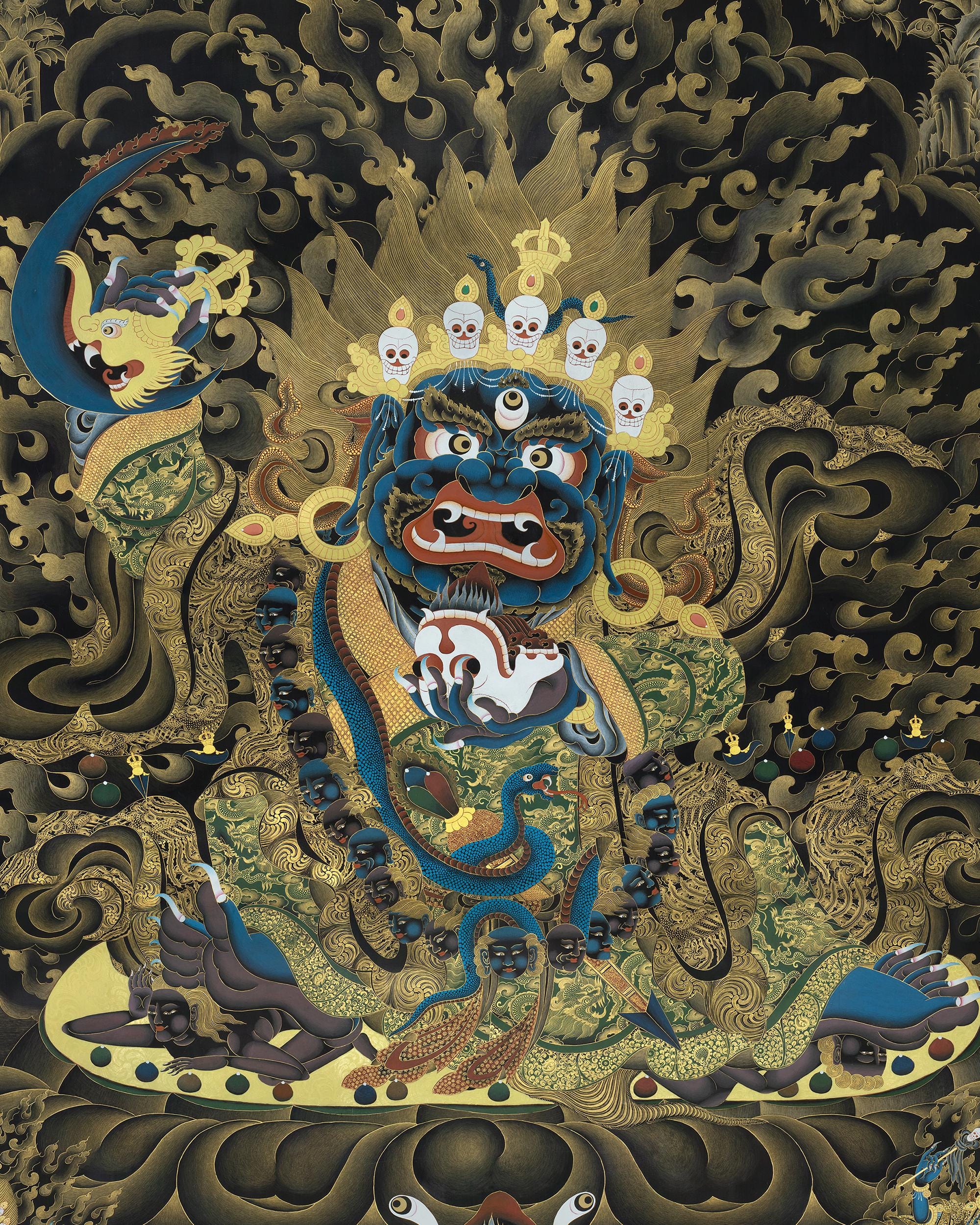 ベルナチェン・マハーカーラ・タンカ：黒と金のチベット仏教守護神