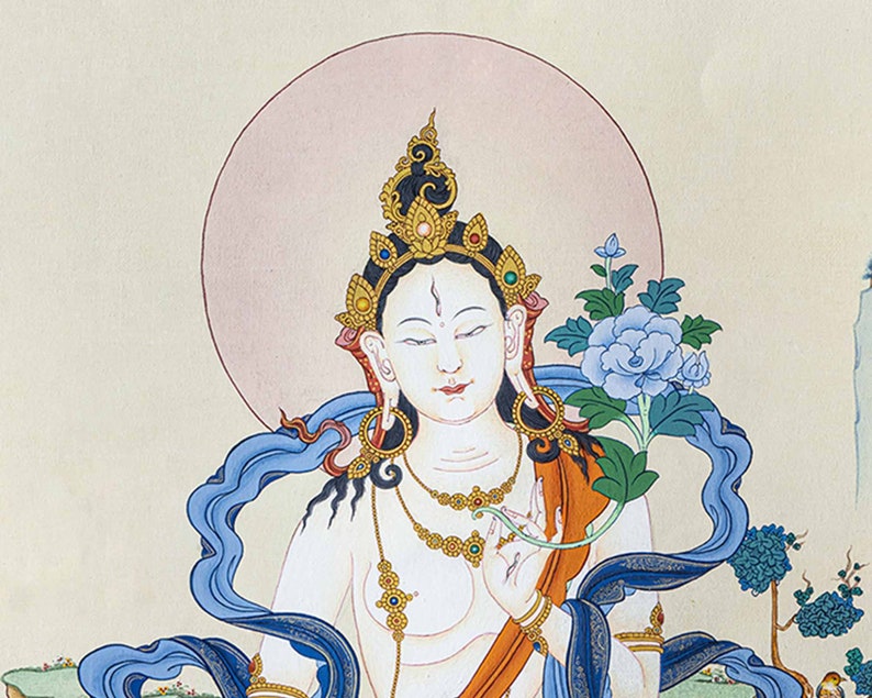 Traditional White Tara in Tibetan Thangka painting I Mother of Long Life I Refined Art I Pure Gold I Mother Tara I Thangka Nepal image 7