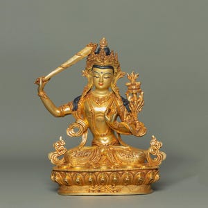 24K Gold Coated Manjushri Statue: Tibetan Buddhist Wisdom Decor