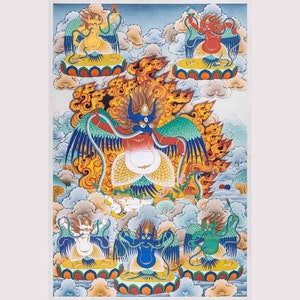May include: A colorful painting depicting a deity with multiple heads and arms, surrounded by other figures. The deity is adorned with intricate details and vibrant colors, including red, blue, green, and yellow. The painting is set against a background of clouds and flames.