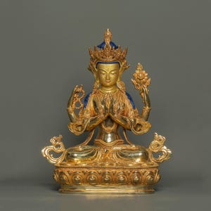 Handmade Gold-Gilded Chenrezig Buddha Statue: Tibetan Altar Decor