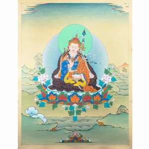 Beautiful Guru Rinpoche in Traditional Thangka Painting I High Quality Giclée canvas print I Founder of Tibetan Buddhism I ThangkaNepal