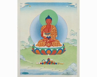 May include: A painting depicting a red-skinned Buddha seated in meditation on a lotus flower. The Buddha is wearing a yellow and orange robe and has a blue halo. The background is a green landscape with mountains and clouds.