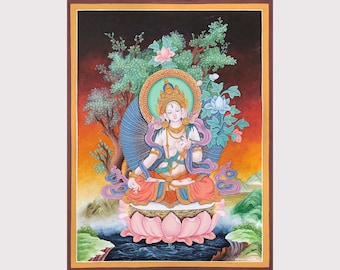 White Tara Thanka in Fusion Art of Painting by Nepalese Artists I Newari Style