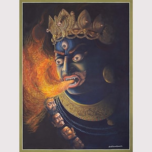 Wrathful Three Eyed Deity Mahakala in authentic Handpainted Thanka I Newari Style of painting I Fusion Art by Nepali Artists