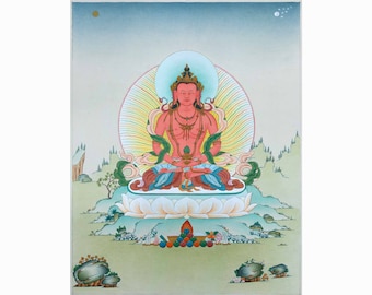 Amitayus Buddha (Sambhogakaya) in Traditional Thangka Painting, Deity of Infinite Life, Scroll Prints, High Quality Giclée Canvas Print