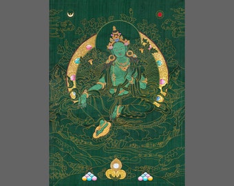 Tara verde en aplicación tradicional tibetana Thanka l Giclée Bellas artes de alta calidad Lienzo