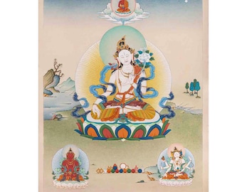 White Tara with Amitabha Buddha, Amitayus and Namgyalma in traditional art, Giclée High Quality Canvas Print, Thangka Nepal